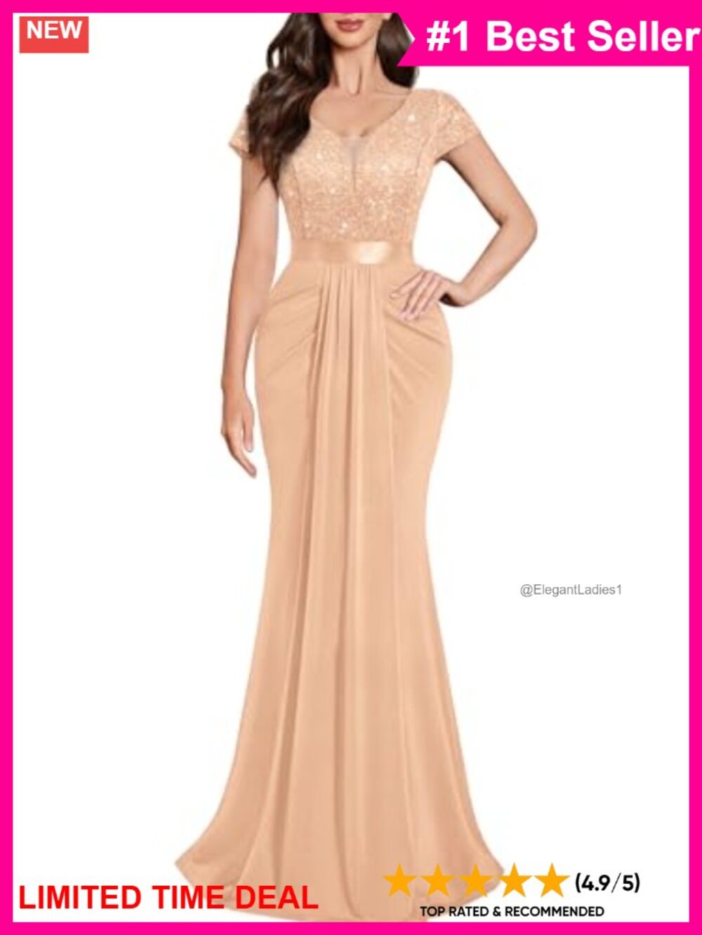 Lace Sequin Pleated V-Neck Formal Maxi Dress Evening Gown